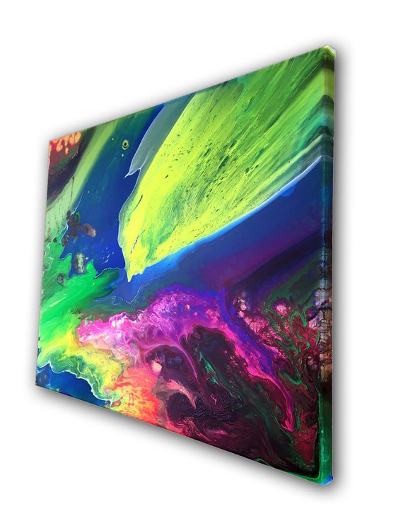 "Fluorescent Fish And The Orb" - FREE USA SHIPPING - Original Abstract PMS Acrylic Painting, 20 x 16 inches