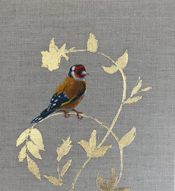 Goldfinch Gaze on Ornamental Gold Leaf Roses