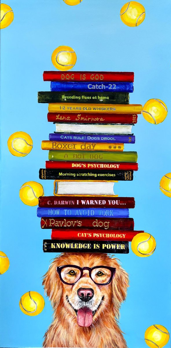 Urban And Pop Animal Acrylic Painting By Lena Smirnova, 16 X 31", Dog With Balls #25, Original Artwork