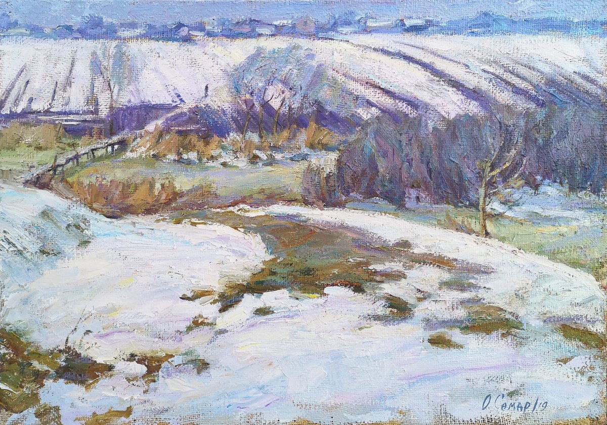 Expressive Landscape Oil Painting By Olga Samar, 33 X 24", Thaw, Original Artwork