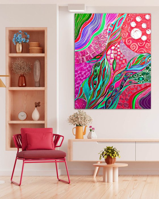 Viva Magenta Love - Large red green lilac abstract painting 100x80 cm