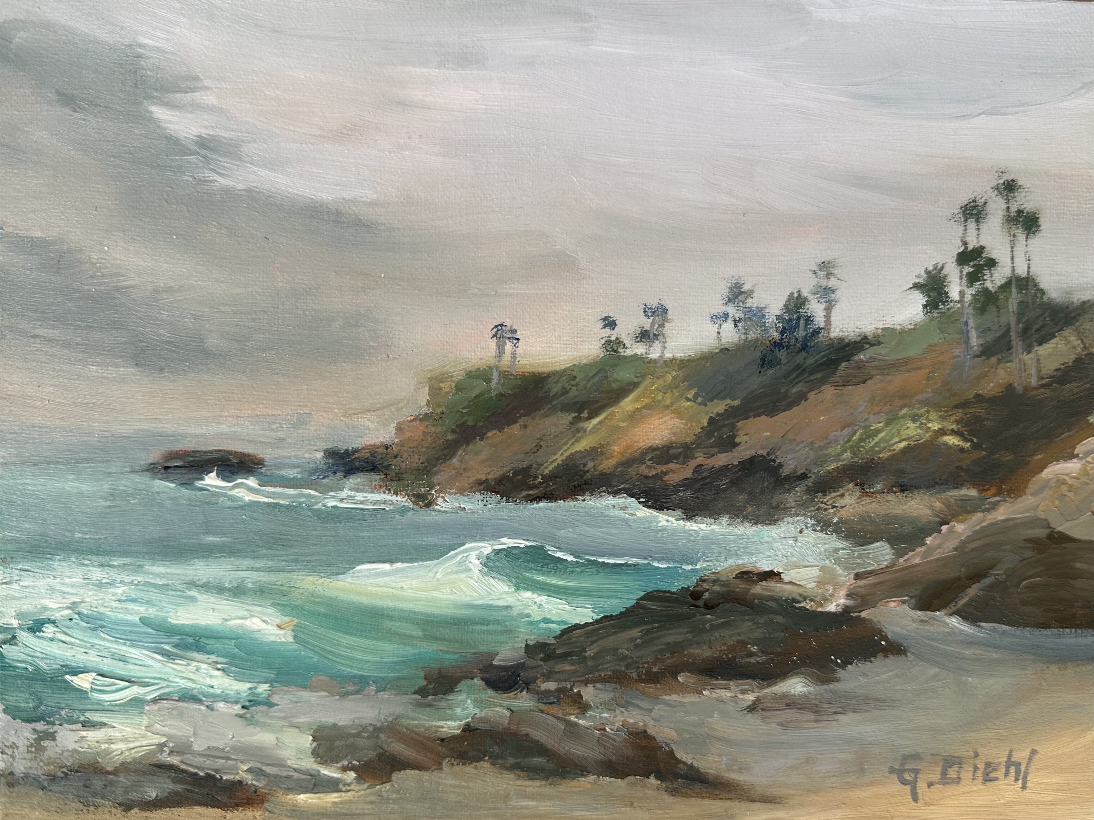 Impressionistic Landscape Oil Painting By Grace Diehl, 8 X 6, Bird Rock Beach I, Original Artwork