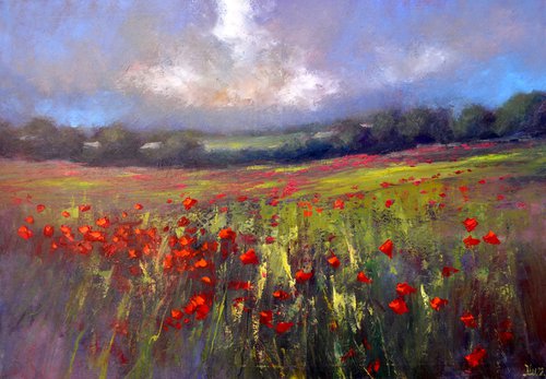 Landscape with poppy field by Elena Lukina
