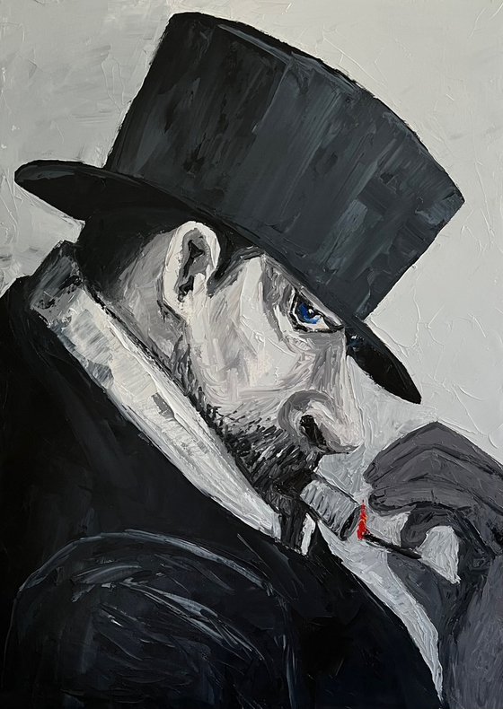 Man in black smoking a cigar