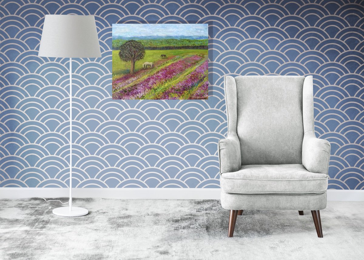 Impressionistic Landscape Oil Painting By Katia Ricci, 20 X 16", Lavender Horses In Pasture, Original Artwork