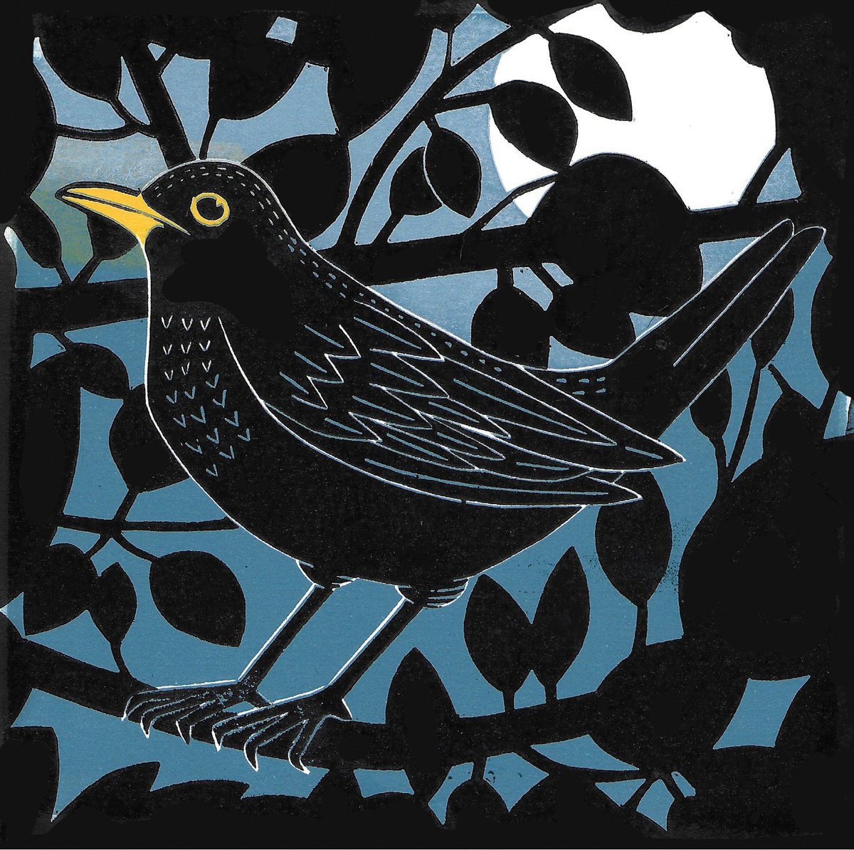 Expressive Linocut , Night Song By Amanda Ribbans, 8 X 8, Artwork For Sale On Artfinder