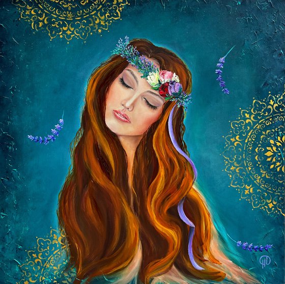 Whispering lavender, painting of a girl, girl's back, girl with long hair,  metaphorical painting, painting about personal boundaries, lavender whisper, lavender, mandala, potpourri painting