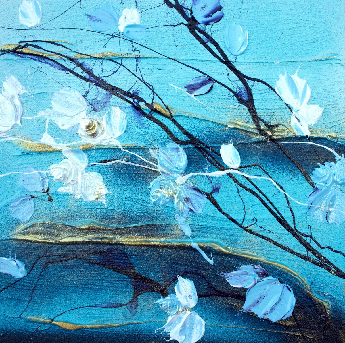 "Blue-Golden Rose Reverie I" small textured floral art by Anastassia Skopp