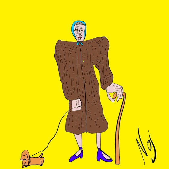 Old woman in fur walking with dachshund