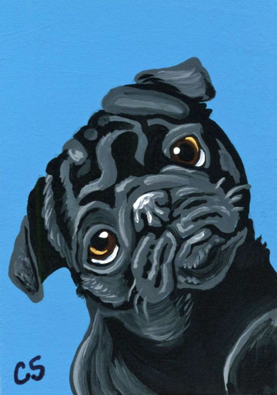 ACEO ATC Original Painting Black Pug Pet Dog Art-Carla Smale