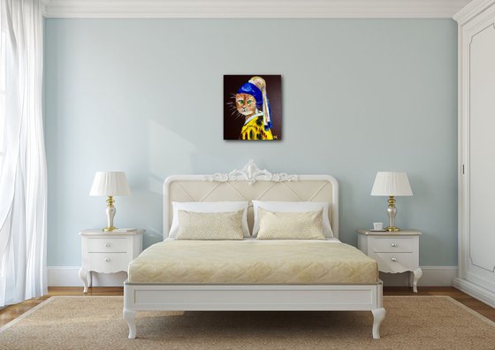 Cat with the pearl earring inspired by Vermeer painting feline art for cat lovers gift idea