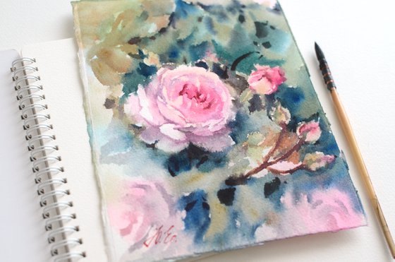 Watercolor English roses, Pink flowers on green