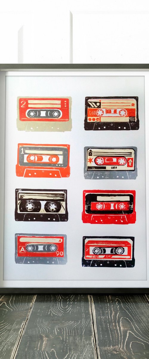 Linocut cassette tapes #63 by Carolynne Coulson