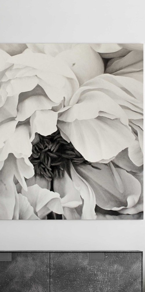 "Blossomed peony" Black white flower oil art by Olha