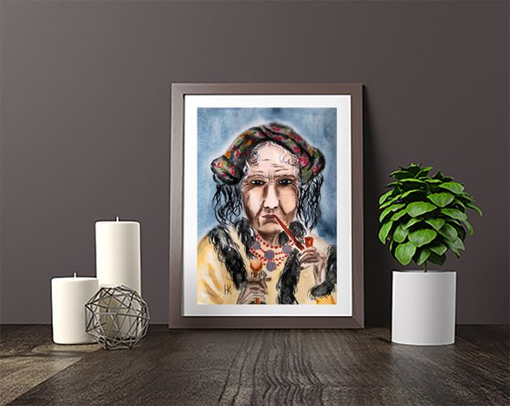 Smoking Woman Art Portrait Original Painting Female Portrait Watercolor Artwork Small Home Wall Art 8 by 11" by Halyna Kirichenko