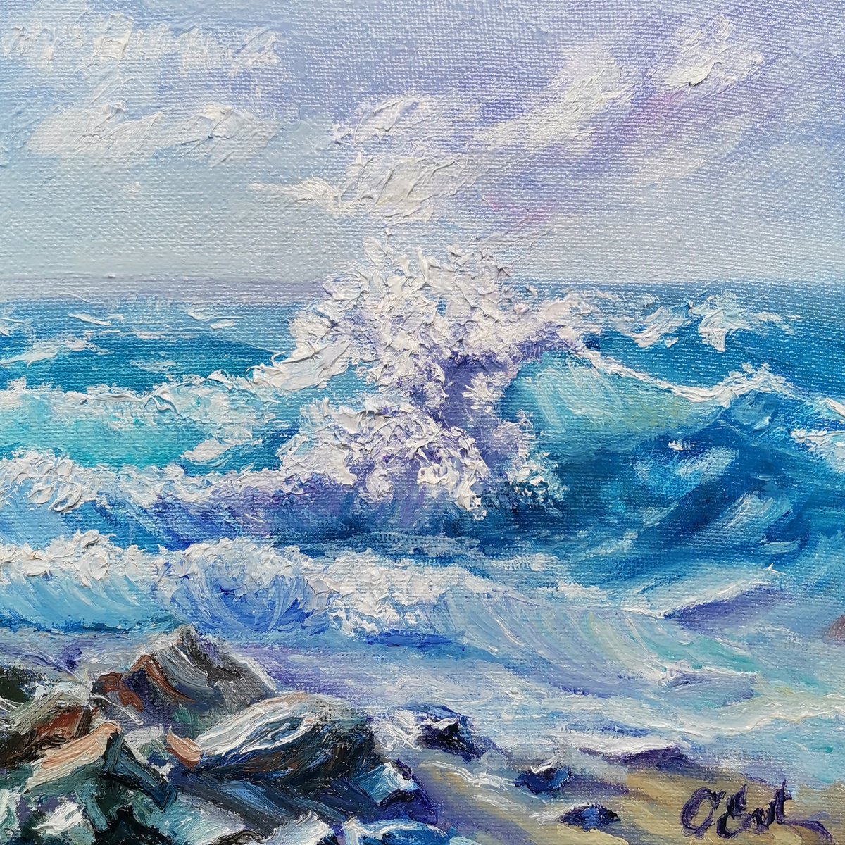 Impressionistic Landscape Oil Painting By Oksana Siciliana, 8 X 8", Majestic Sicilian Waves, Original Artwork