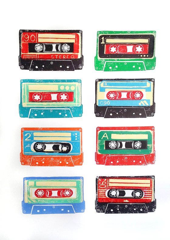 Linocut tapes #27 (cassette tapes, retro music, 70's, 80's rock culture)