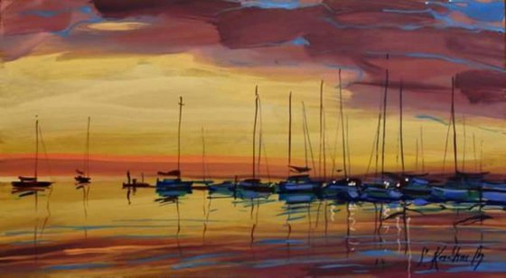yacht at sunset. Original painting 67x37 cm
