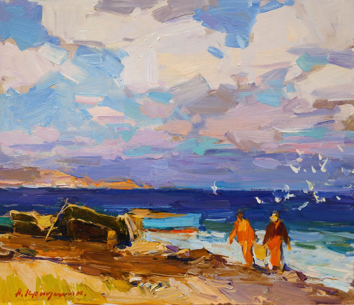 Impressionistic Landscape Oil Painting By Aleksandr Kryushyn, 16 X 14, Fishermans On The Shore, Original Artwork