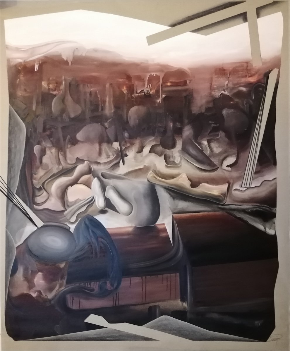 Surrealistic Abstract Oil Painting By Stefano Mazzolini, 59 X 71", Postpink, Original Artwork