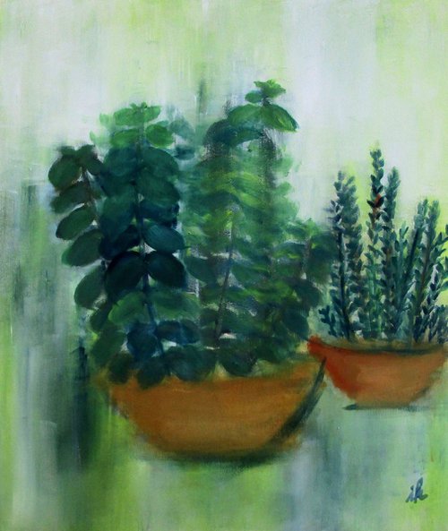 Basil and Thyme, oi on wood, 40 x 50 cm by Ingrid Knaus