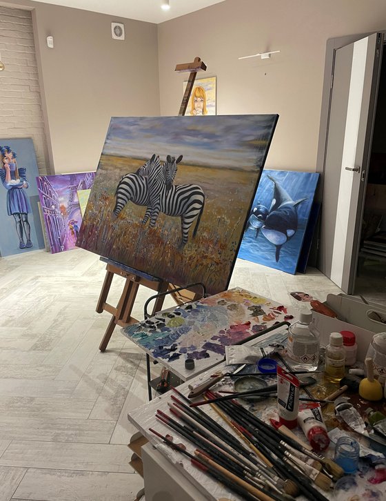 "When zebras are together". Original oil painting. XXL