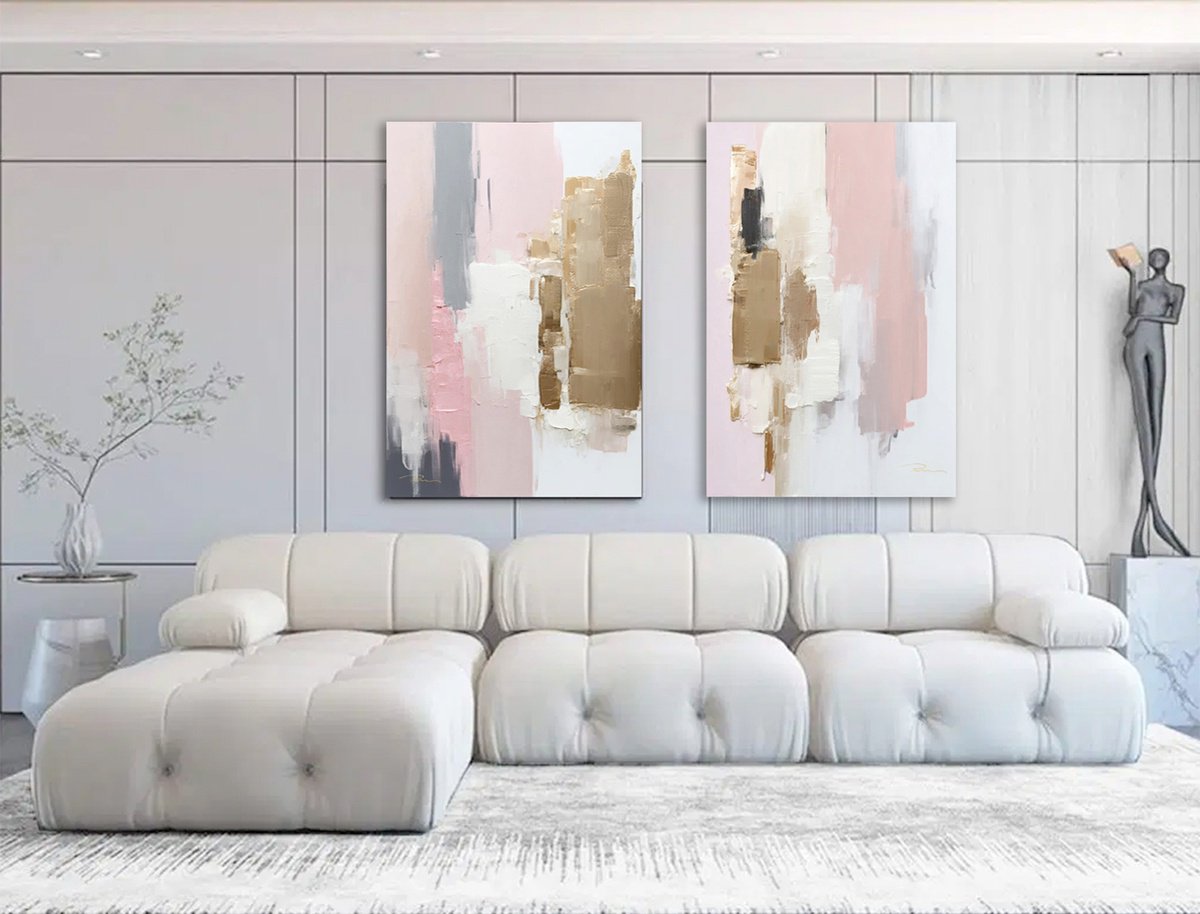 Pastel Pink And Gold Urban Landscape Set Of 2 By Indie Ru, 79 X 59, Artwork For Sale On Artfinder