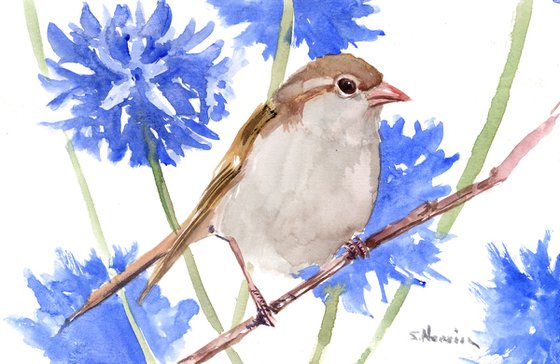 sparrow and blue flowers