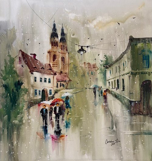 Watercolor “Rainy day in Sibiu”, perfect gift by Iulia Carchelan