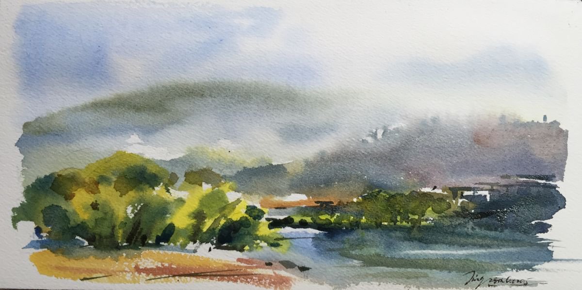 Impressionistic Landscape Watercolour By Jing Chen, 12 X 6, River Town 2, Original Artwork
