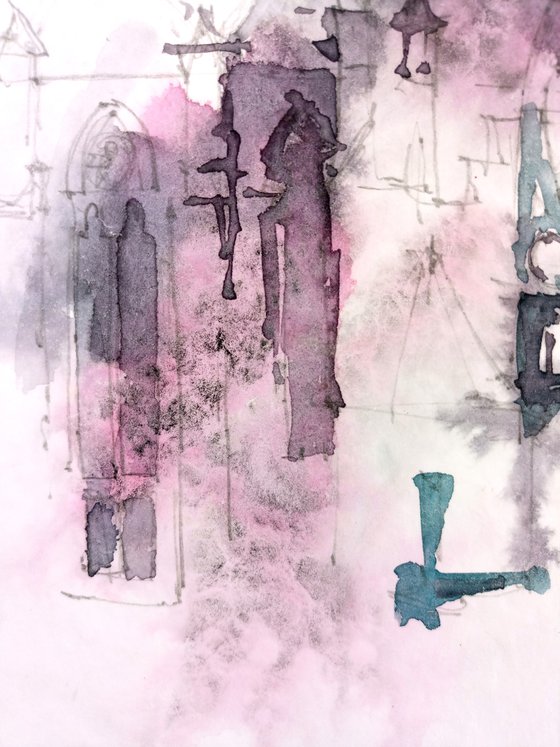 "Gothic cathedral towers in Apeldoorn, Netherlands" architectural landscape - Original watercolor painting