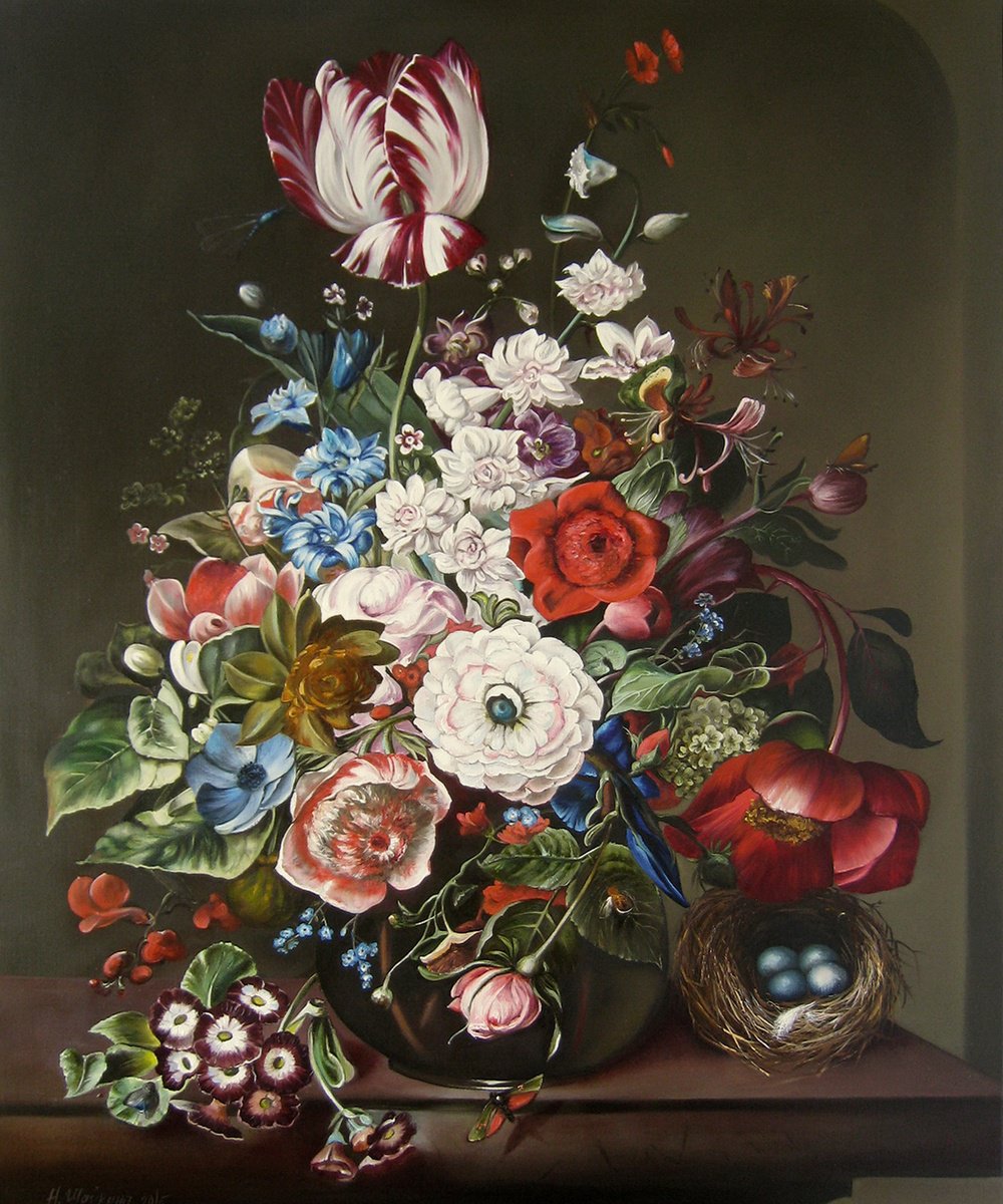 Photorealistic Oil Painting , Dutch Bouquet With Tulip And Dark Ground By Natalia Shaykina, 28 X 35, Artwork For Sale On Artfinder
