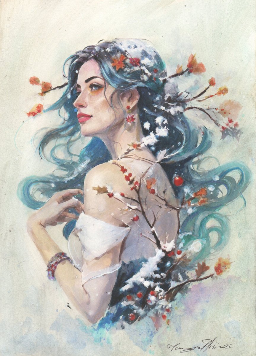 Impressionistic Portrait Drawing By Maurizio Puglisi, 8 X 11", The Enchanted Winter, Original Artwork