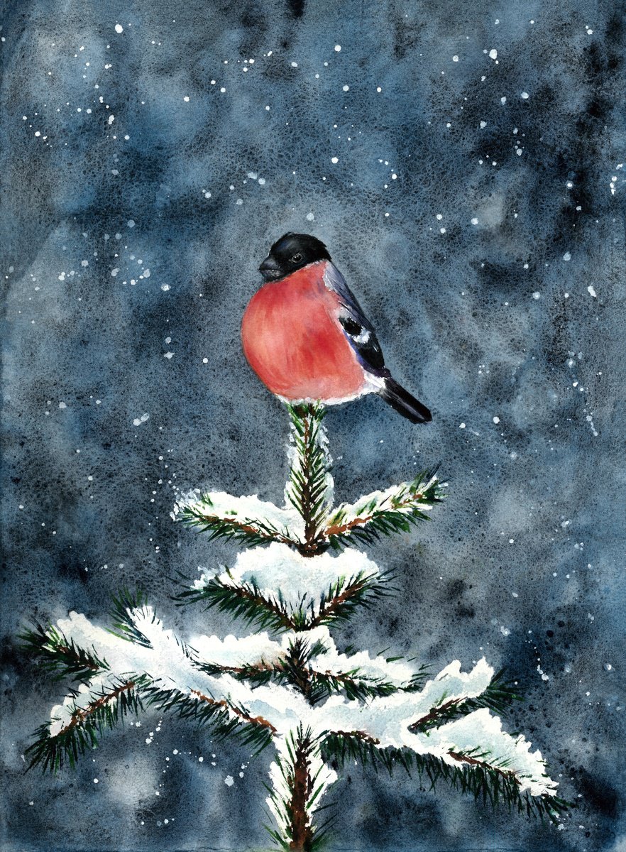 Impressionistic Watercolour , Winter Bullfinch On A Snowy Fir By Maryna Boiko, 11 X 15, Artwork For Sale On Artfinder