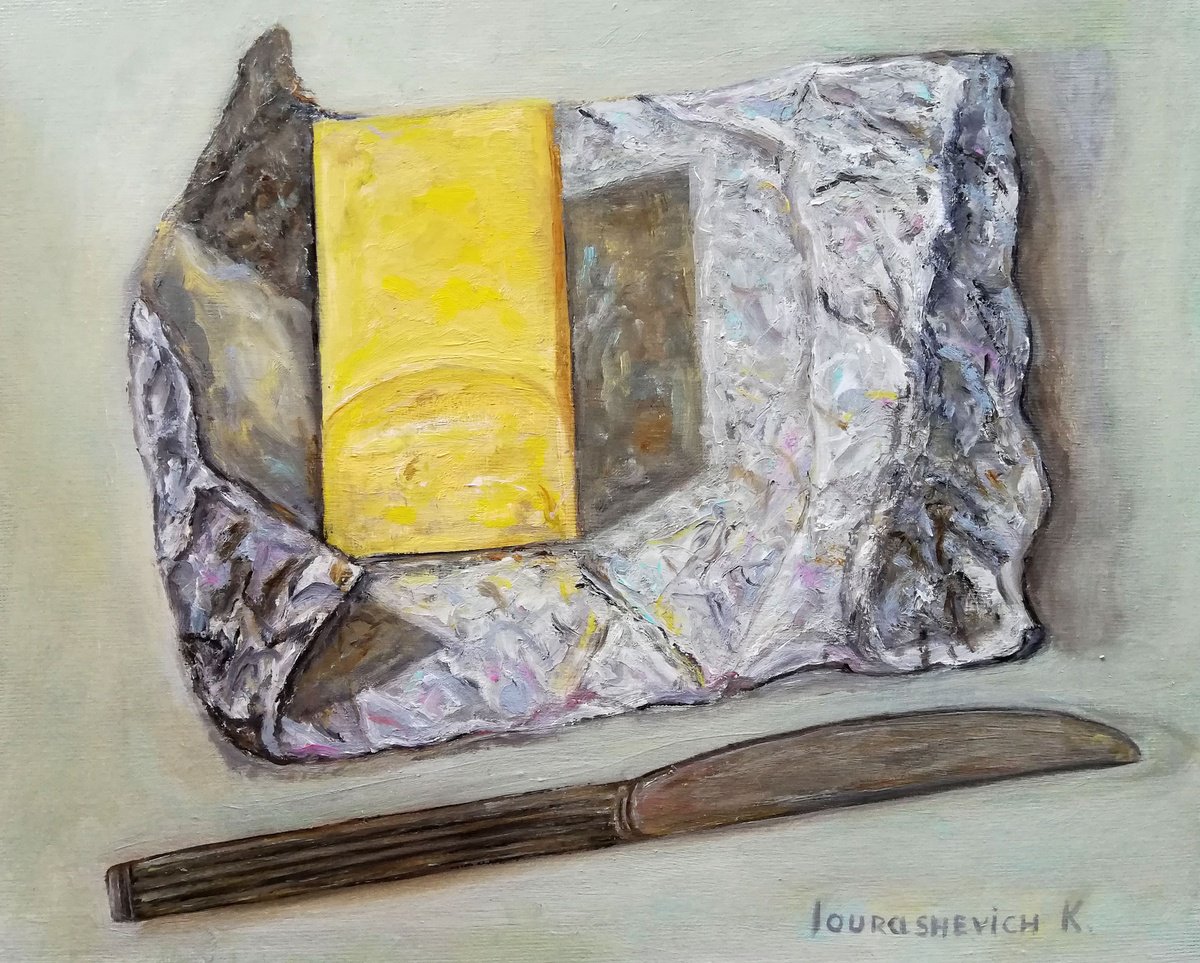 Impressionistic Still Life Oil Painting By Katia Ricci, 12 X 9", Butter In Silver Foil, Original Artwork