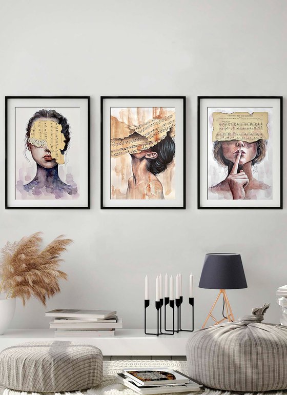 Watercolor Female Portrait Music Collage