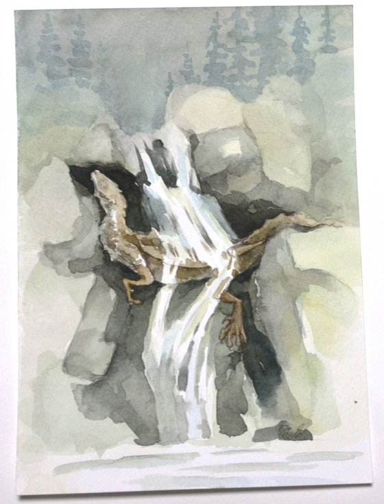 Fantasy Waterfall dragon Watercolor sketch Nature guardian