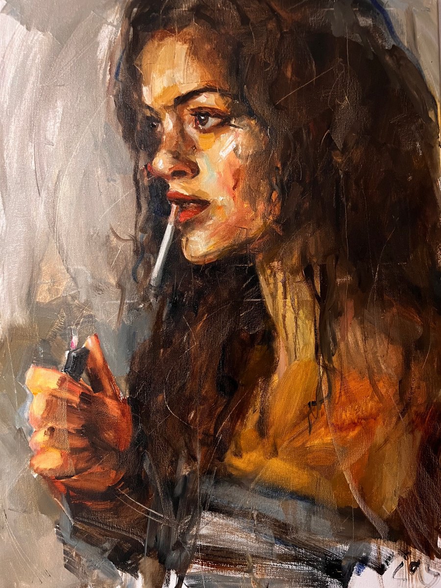 Expressive Portrait Oil Painting By Liubou Sas, 20 X 28", Woman With Cigarette, Original Artwork