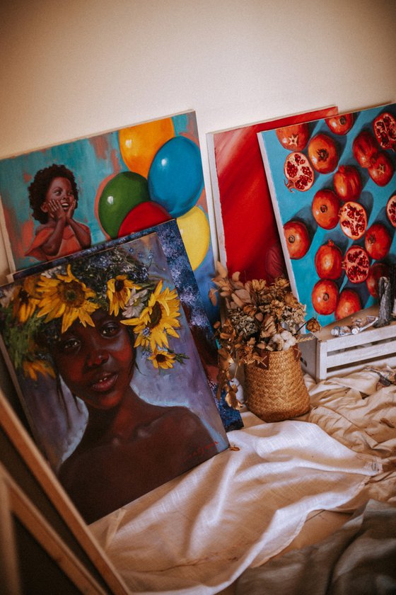 African american girl with flowers portrait