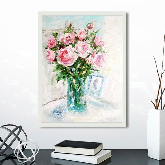 Roses Painting Original Art Pink Flower Bouquet Floral Wall Art