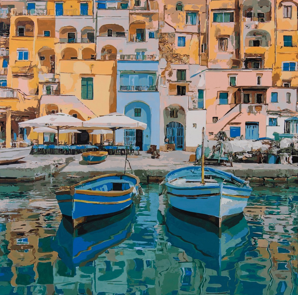 Photorealistic Landscape Acrylic Painting By Marco Barberio, 39 X 39", Harbor Stillness, Original Artwork