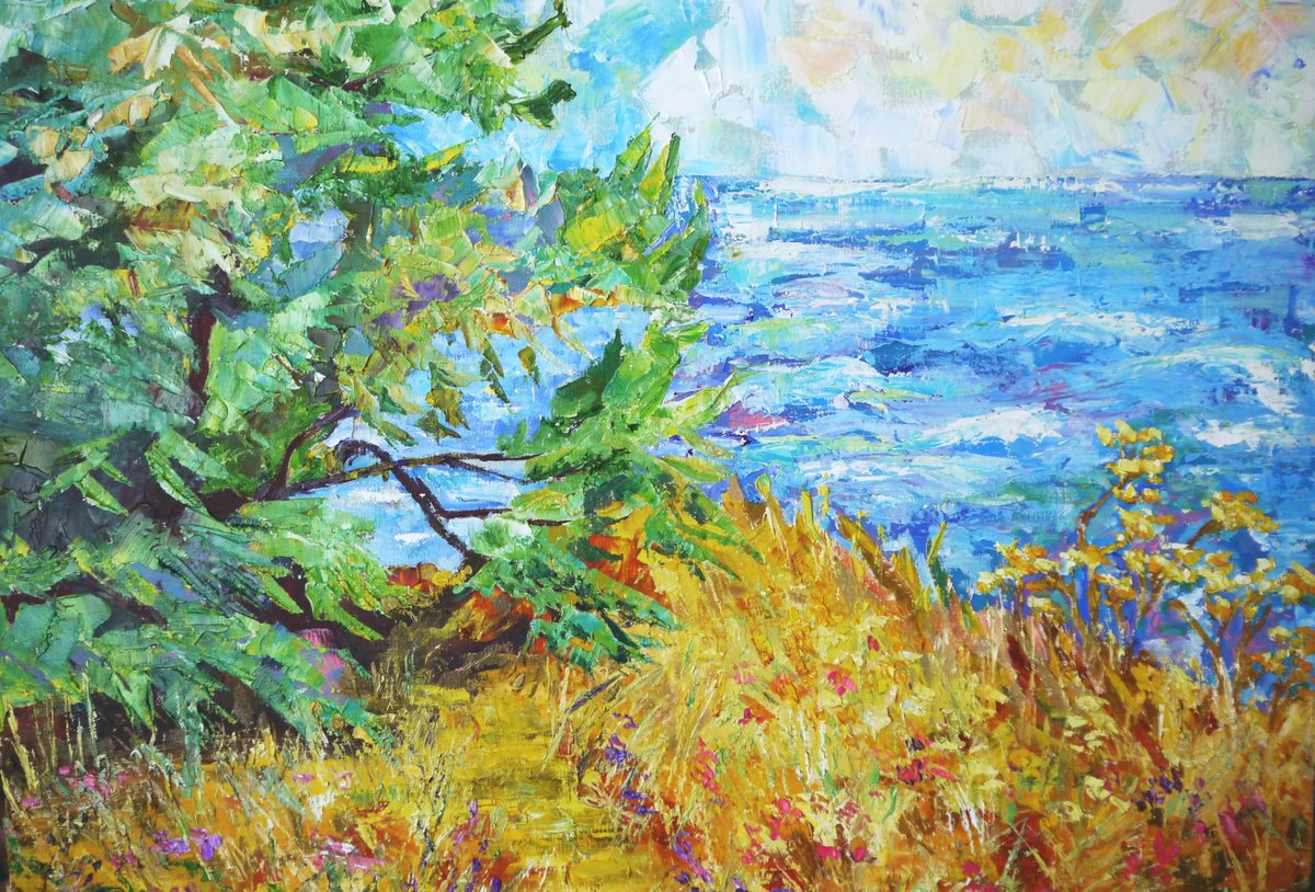 Impressionistic Landscape Oil Painting By Tetiana Pchelnykova, 24 X 16", Summer Beach, Original Artwork