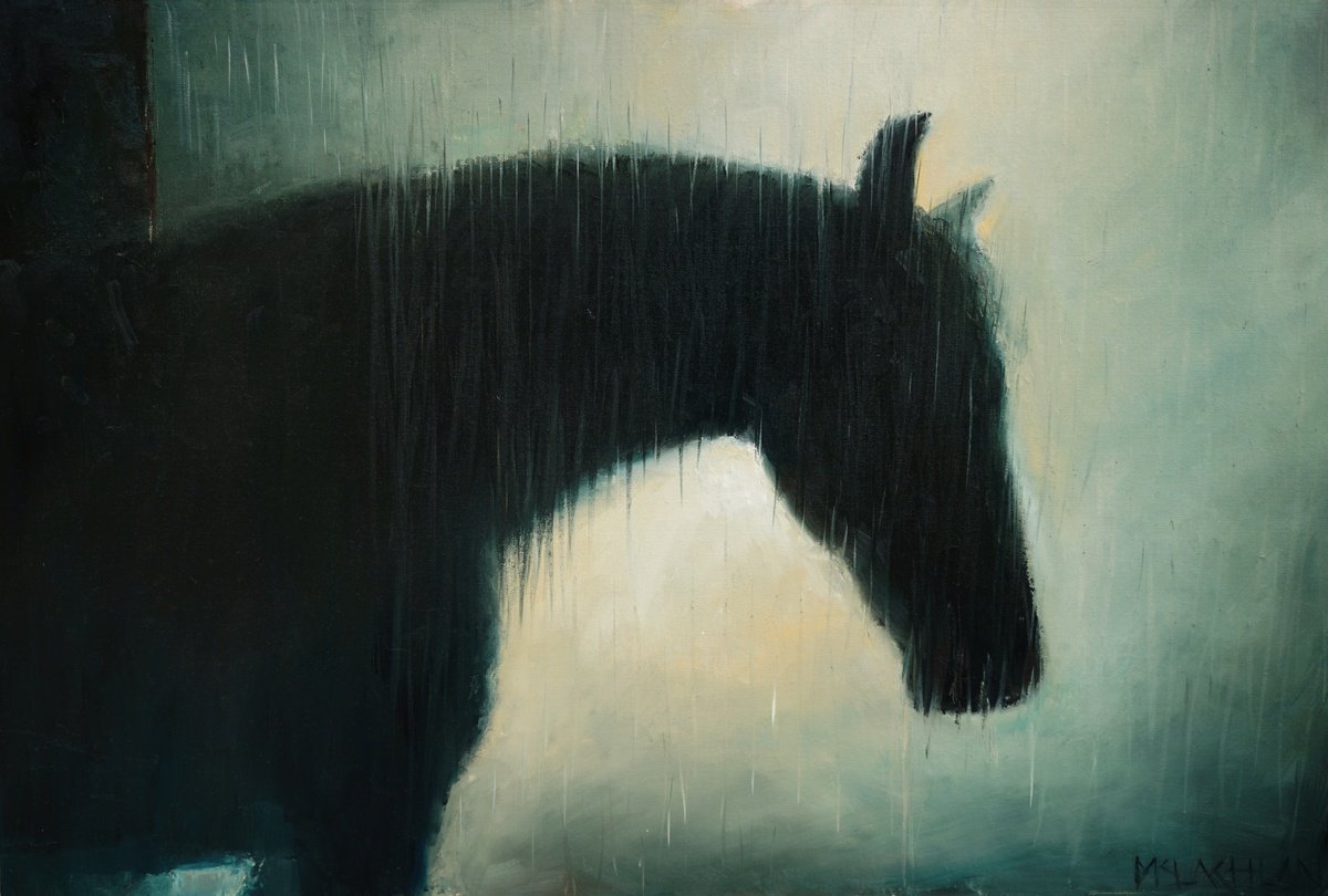 Impressionistic Animal Oil Painting By Scott Mclachlan, 30 X 20", Horse In The Rain, Original Artwork