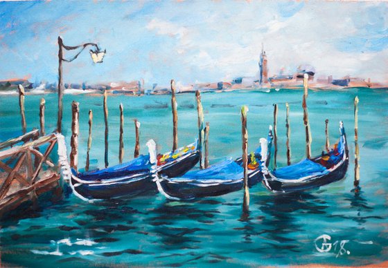 Venice. Gondolas parking. Original oil painting small size italy travel landscape view sea seascape romantic venezia boats trip interior decor gift blue calm