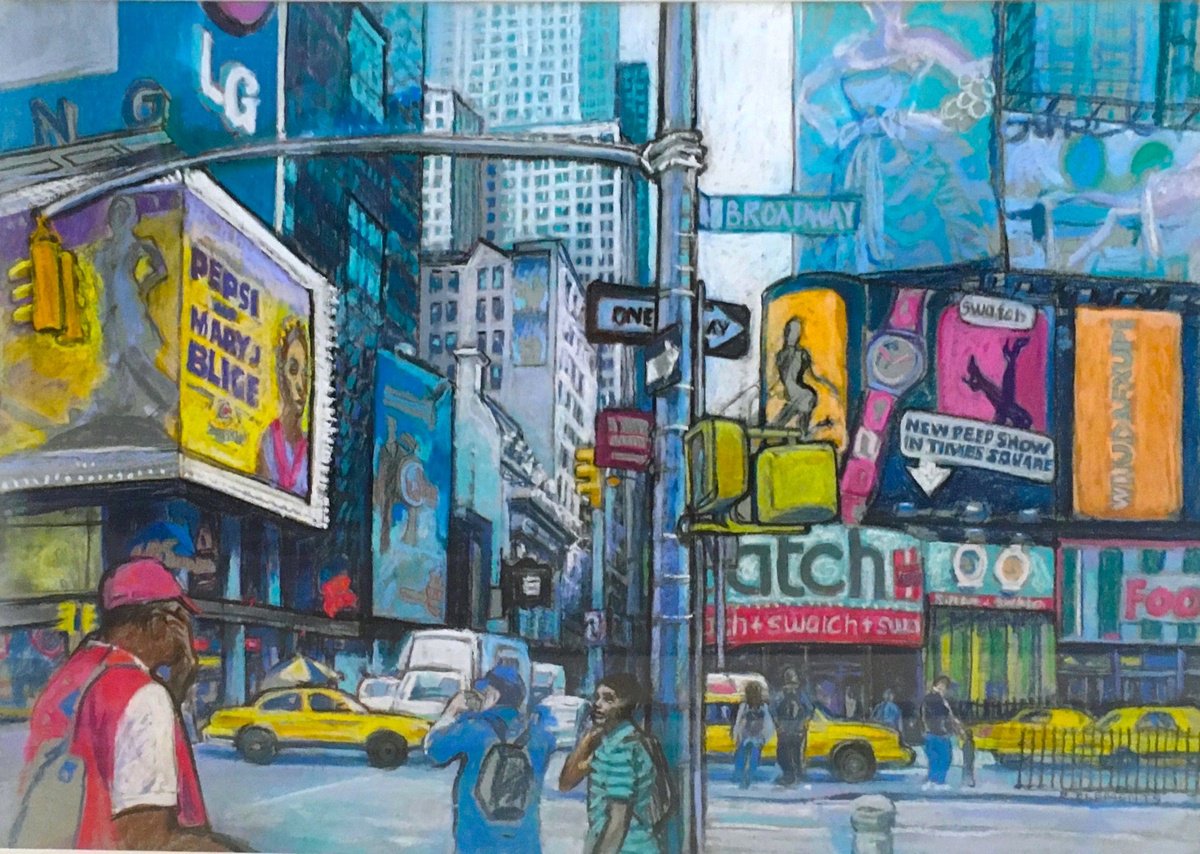 Impressionistic Cityscapes Pastel Drawing By Patricia Clements, 35 X 27", Busy Broadway New York, Original Artwork