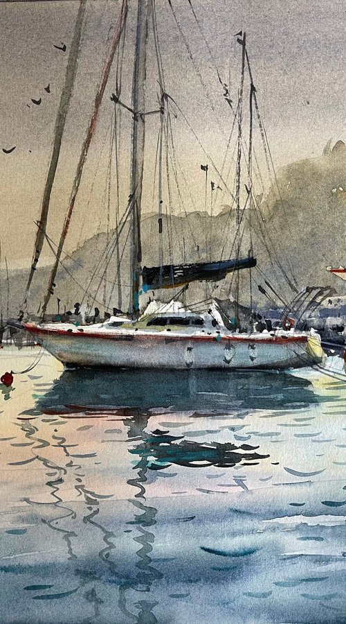 Yacht on the coast. Watercolor painting by Samira Yanushkova