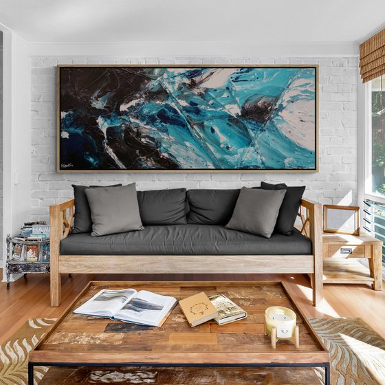 Sorrento Teal 200cm x 80cm Teal Black White Textured Abstract Art