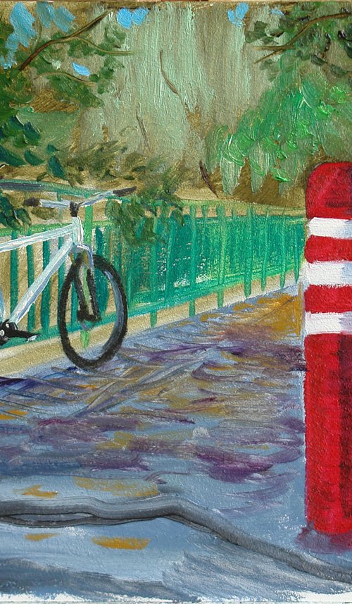 Bicycle on the bridge in the park. Pleinair painting by Dmitry Fedorov