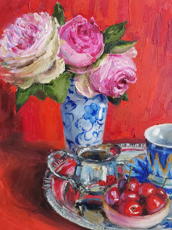 Pink roses bouquet with Antique teapot on red fabric still life oil painting