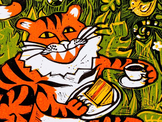 Tiger tea time - signed original hand pulled linocut print